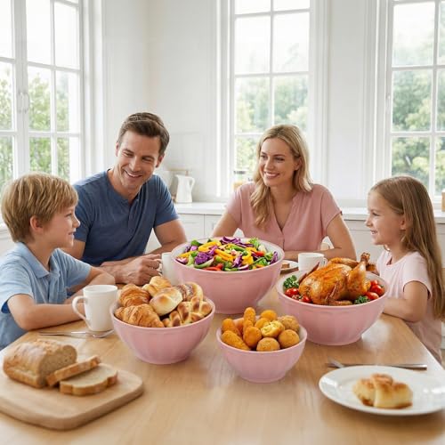 BoxedHome Mixing Bowls with Lids Set, 8 pieces Large 0.2” Thick Plastic Nesting Mixing Bowl, Microwave Safe,Size 5.92, 4.12,3.06,1.80 Quart, Pink - color: 8 PK Pink