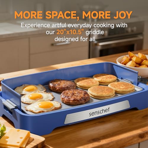 Cleansnap Everyday Electric Griddle,The Ultimate Gift for Family Feasts - 20” Nonstick Grill with Foldable Anti-Mess Shield, Rapid 1700W Heat&PPG Ceramic Coating, Dishwasher Safe, Ocean Blue - color: Ocean Blue
