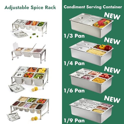 CURTA Expandable 18/8 Stainless Steel Spice Rack Set, NSF Certified, 1-Tier Inclined Organizer Shelf with 5 1/9 4“ Pan&Lid, 13.8" - 23.6" Adjustable, Countertop Holder for Seasoning Ingredients - size: 5 Pan Stainless Steel
