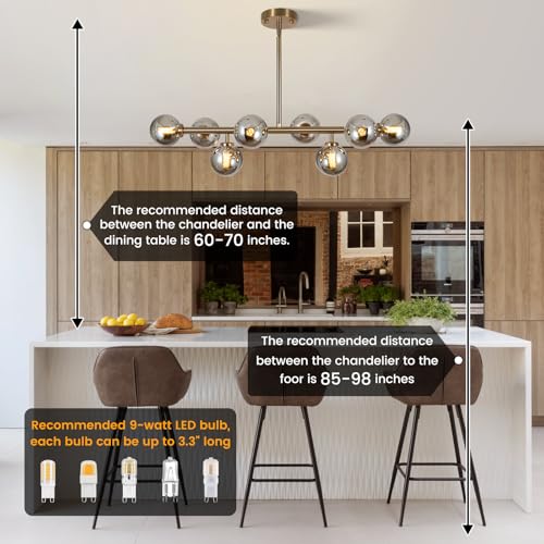 Sputnik Chandelier Gold Pendant Linear Light Modern Mid Century Light Fixture Grey Globe Shade for Dining Living Room Kitchen Island 8-Light - color: Grey-31in