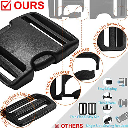 LASIGHT Buckles for 2 inch Wide Webbing Straps: Quick Side Release Buckle Clip 2 set and Tri-Glide Slide 4 pcs Fit 2" Nylon Web Belt, Plastic Snap Fastener Clip Heavy Duty Replacement Dual Adjustable - size: 2 Set for 2 inch Webbing