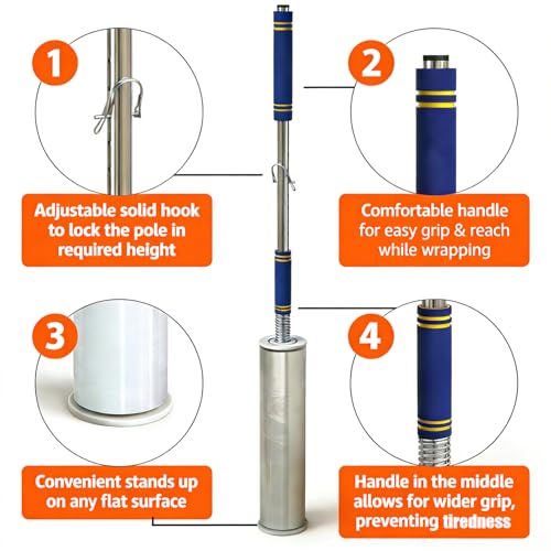 Heavy Duty Stretch Film Dispenser Pole Holder - 48"Long Reaching Industrial Handle for Stretch Wrapping - Fits Rolls 2" to 3" Diamater Cores & Lengths from 12" to 24" - Pallet Wrap (48-inch)