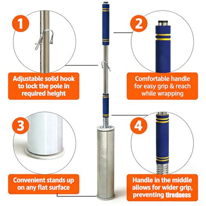 Heavy Duty Stretch Film Dispenser Pole Holder - 48"Long Reaching Industrial Handle for Stretch Wrapping - Fits Rolls 2" to 3" Diamater Cores & Lengths from 12" to 24" - Pallet Wrap (48-inch)