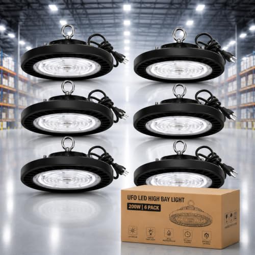 200W-6Pack UFO LED High Bay Light,22000lm 6000K Daylight 2000W Equivalent with US Plug Cable LED Garage Lights Commercial Warehouse Area Light Workshop Garage Factory Lowbay Area Lighting - color: 200W-6Pack