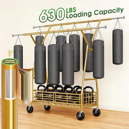 Raybee Gold Clothing Rack, 630LBS, Double Rods with Storage Basket - color: Gold, style: Double Rods