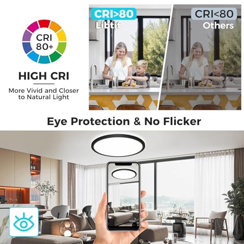 libtit 13 Inch LED Round Flat Light, 28W 3200lm 3000K/4500K/6000K CCT Selectable, Black Ceiling Light Surface Mount, Slim Ceiling Lamp Flush Mount for Bedroom, Kitchen, Office,Closet,Laundry Room - color: Black, size: 13In-1Pack