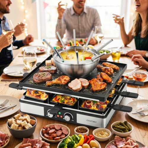 COSTWAY Raclette Table Grill & Fondue Pot, 1800W Electric Grill, 8 People - size: 14.5" x 14.5" x 6"
