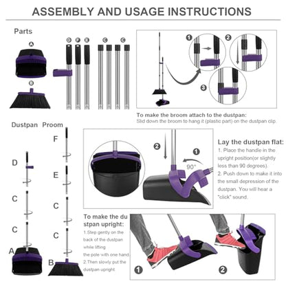 Purple Broom and Dustpan Combo Set, 55" Long Handle Broom - color: Purple, size: Large