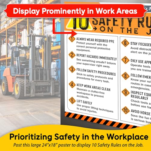10 Safety Rules on the Job Poster 2026 – 18x24 Durable Laminated Business Safety First Poster Sign, Tear-Resistant, Waterproof Workplace Safety & Industrial Safety Poster for Construction (Pack of 1)