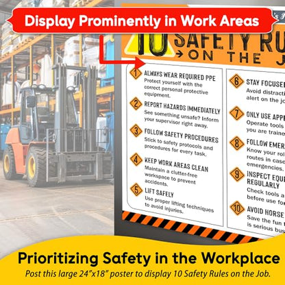 10 Safety Rules on the Job Poster 2026 – 18x24 Durable Laminated Business Safety First Poster Sign, Tear-Resistant, Waterproof Workplace Safety & Industrial Safety Poster for Construction (Pack of 1)