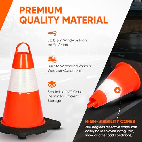 Pyle 12" PVC Traffic Cones, 12-PackSafety Cones for Parking, Construction & Roadwork, High-Visibility Orange, Durable, Stackable Design, Heavy-Duty Base for Stability in All Weather