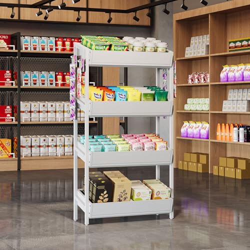 Tribesigns 4-Tier Retail Display Rack Stand, Wooden Snack Candy Rack, Wood Chips Shelf, Chips Rack Display, Heavy-Duty Wood Metal Concession Stands,Storage Shelf Organizer for Potato Chip (2, White) - color: White