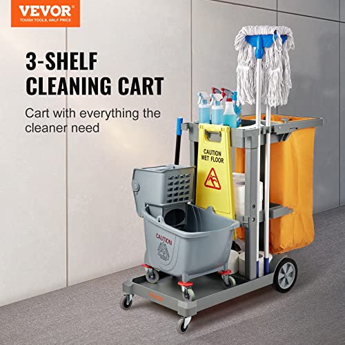 VEVOR Cleaning Cart, 3-Shelf Commercial Janitorial Cart, 200 lbs Capacity Plastic Housekeeping Cart, with 25 Gallon PVC Bag, 47" x 20" x 38.6", Yellow+Grey - color: Gray