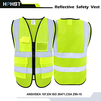 5 Pockets High Visibility Reflective Safety Vest,Zipper Front, Meets ANSI/ISEA Standards - color: Yellow-mesh, size: Small