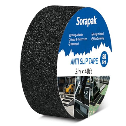 Black Anti Slip Tape 2in x 40ft, 80 Grit Waterproof Non Skid Grip Tape Roll for Stairs, Steps, Ramps, Decks, Floors, Ladders, Indoor & Outdoor Use - size: 2'' x 40 FT