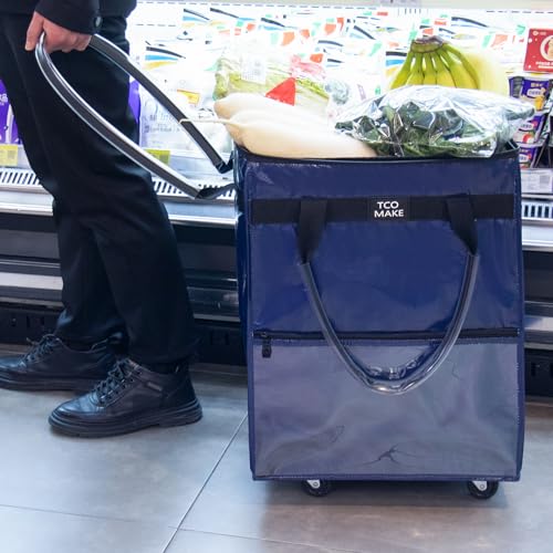 Medium DK Blue Reusable Grocery Bag on Wheels, Folding Rolling Tote - color: Dk Blue, size: Medium