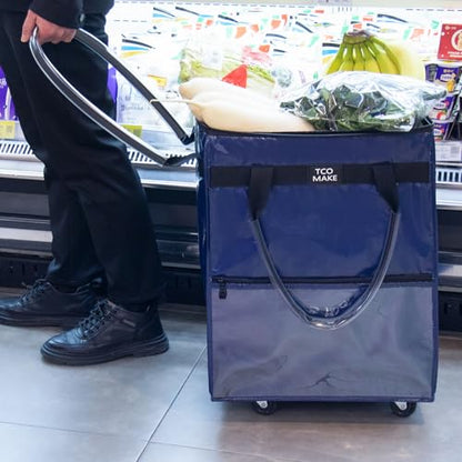 Medium DK Blue Reusable Grocery Bag on Wheels, Folding Rolling Tote - color: Dk Blue, size: Medium