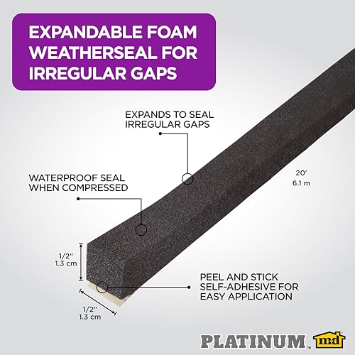 M-D Building Products 03110 1/2 in. Black Expandable Foam Platinum™ Weatherseal for Uneven Gaps - color: Black, size: 1/2 in.