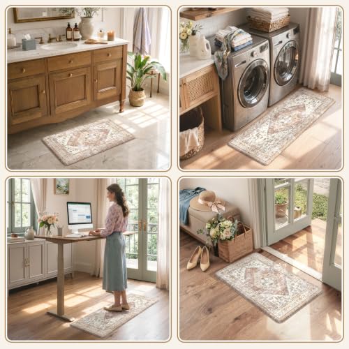 KIMODE Farmhouse Kitchen Mats Cushioned Anti Fatigue Khaki Kitchen Rugs 2Pc - color: Light Khaki, size: 17.3" x 47 "+ 17.3" x 29 "--0.47 inches