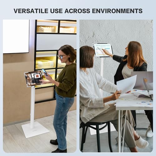 AboveTEK Security iPad Kiosk Floor Stand, Anti-Theft POS Tablet Stands for Retail Business, Height Adjustable Tablet Floor Stand, 360° Swivel Universal Locking Holder Fits 9.7"-13" iPads/iPad Pro/Air - color: White
