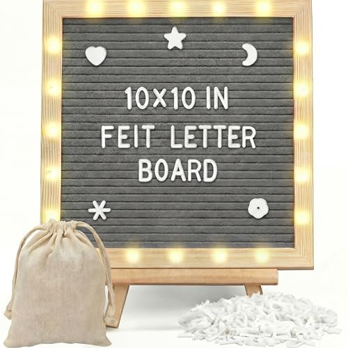 10 x 10 Inches Felt Letter Board & LED Light, Gray, Natural Wood - color: Gray, size: 10 x 10 Inches, style: Natural Wood