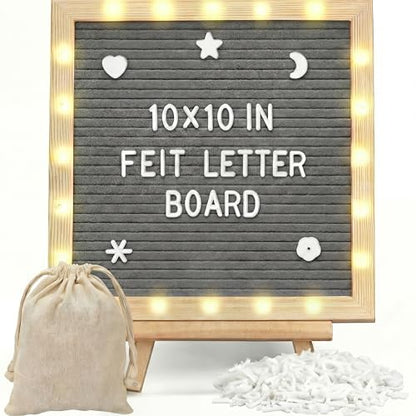10 x 10 Inches Felt Letter Board & LED Light, Gray, Natural Wood - color: Gray, size: 10 x 10 Inches, style: Natural Wood