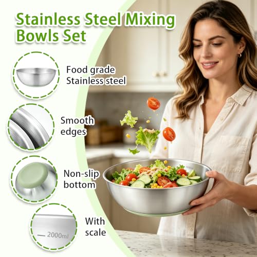 GIUOIDUO Stainless Steel Mixing Bowls Set with Non-Slip Base, Set of 5