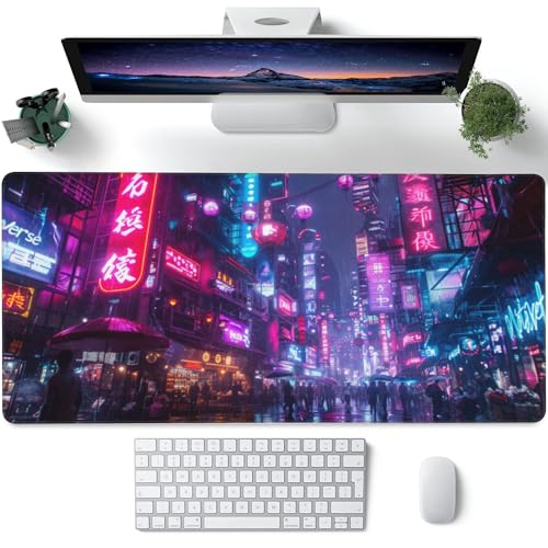 Desk Mat,Cyberpunk Neon City Large Gaming Mouse Pad for Desk XXL,Futuristic Night Street Desk Pad,Extended Big Computer Keyboard Mouse Pad with Non-Slip Base and Stitched Edge 35.4"x15.7" - color: Cyberpunk Neon City, size: 15.7" x 35.4"
