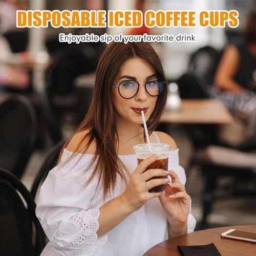 Ziliny 50 Pack 16 oz Clear Plastic Cups with Lids and Straws Disposable Iced Coffee Cups Round Bottom To carry Cup for Coffee Smoothie Cold Drinks Juice Milkshake Tea (Clear) - color: Clear, size: 16 oz