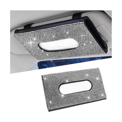 Rhinestone Leather Car Sun Visor Tissue Holder, White/Black - color: White+black