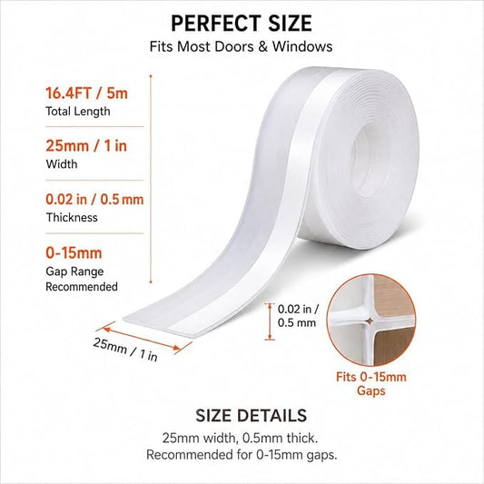 Weather Stripping Door Seal, Clear Silicone Door Seal Strip for Door Frame, Self Adhesive Draft Stopper for Doors and Windows, 25mm Wide for 0-15mm Gaps, 16.4FT with Installation Kit - size: 25mm*16.4ft