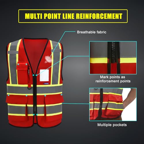 AYKRM Security Vest for Men Women 7 Pockets High Visibility Reflective Safety Vest Front Zipper Meets ANSI/ISEA - color: Red, size: Medium