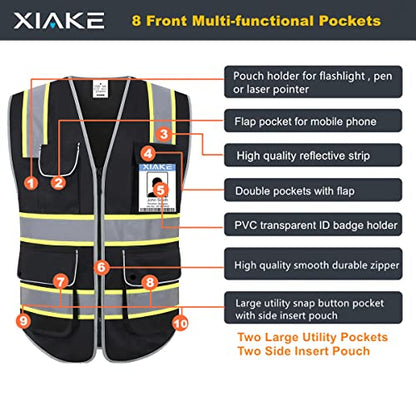 XIAKE Reflective Safety Vest for Men & Women High Visibility Class 2 Vest with Pockets Meets ANSI Standards - color: Black Yellow Trim, size: X-Large
