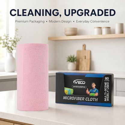 Veco Microfiber Cleaning Cloth Roll 80 PCS, 12" x 12" - color: Pink