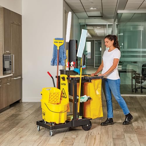 Rubbermaid Commercial Traditional Janitorial 3-Shelf Cleaning Cart, Wheeled with Zippered Yellow Vinyl Bag, for Business/School/Office/Janatorial Cleaning - style: Open Sided - Black