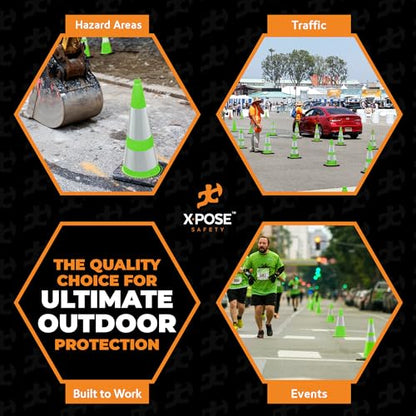 Xpose Safety 28” Lime Green Traffic Cone Dual 6" & 4" Reflective Collar - color: Lime, size: 28" 7lb. Cone