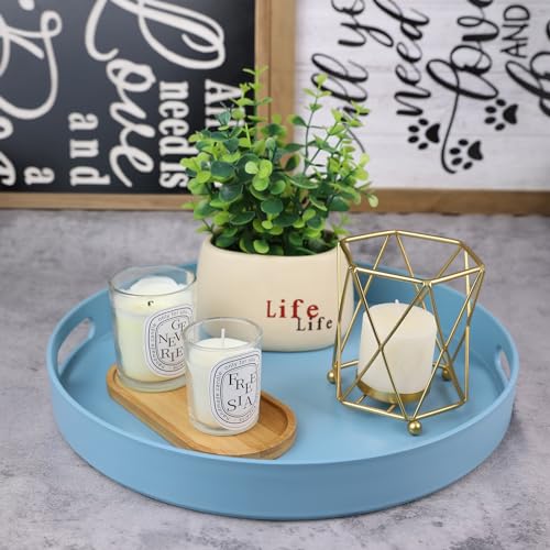 Round Blue Decorative Serving Tray with Handles, 13” Versatile Ottoman Tray for Coffee Table, Entertaining, Outdoor Patio, Living Room - color: Blue, size: 13"
