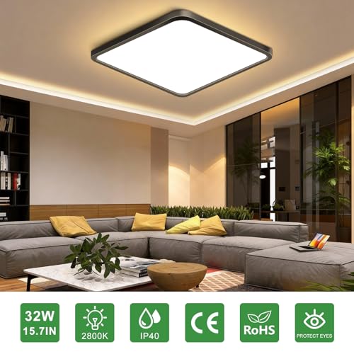 15.7Inch 32W Square LED Ceiling Light Fixtures Flush Mount, 2800K Warm White LED Ceiling Lamp, Surface Mount Modern Ceiling Lights, Black Slim Flat Panel Lighting for Bedroom, Kitchen, Bathroom - color: Warm White, size: 15.7 inch Black
