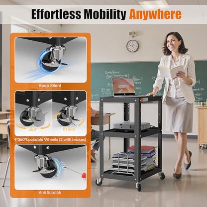 3 Shelf Metal Utility Cart - Durable Computer Cart on Wheels with Power Strip,Height Adjustable AV Presentation Cart Stand for Movie Projector,TV and Laptop Computers,Easy to Assemble, Black - style: AV Cart(M-AV-JS)