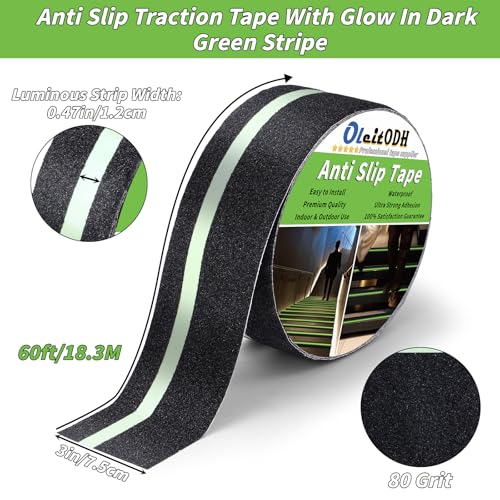 Oleitodh Anti-Slip Traction Tape, 3In x 60Ft, Glow-in-Dark Green Stripe - color: Luminescent, size: 3 in x 60 ft