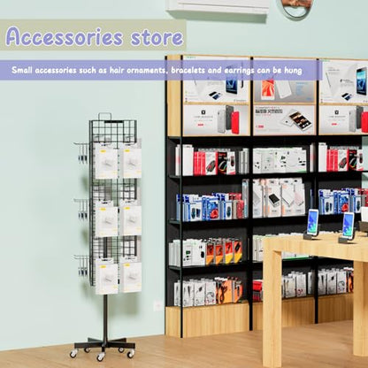 Grid Wall Panels Display Stand - 16”*63.3"Triangular Display Metal Shelf with 30 Hooks for Vendor Events,360° Rotating Art Display Panels Heavy Duty Floor Standing Movable Retail Display Organization