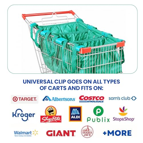 Handy Sandy Cart Caddy – 3-Pack Reusable Shopping Bags with Cart Clips | Heavy-Duty Grocery Organizer Tote Set | Eco-Friendly, Foldable, 40 lb Capacity | Green - color: Bright Green