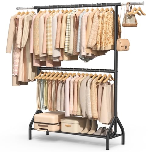 EAGMAK Double Rod Clothing Rack Load 622 LBS, Heavy Duty Clothes Rack for Hanging Clothes, 82.68 inch High Garment Rack with Storage Shelves, Metal Clothing Hanger Closet Wardrobe Organizer (Black) - color: Black, size: 43.3"×18.9"×82.68"( Leveling Foot)