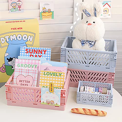 4 Pack Collapsible Small Storage Bins, Small Bins and Baskets for Desk and Locker Organizing, 2 Medium + 2 Foldable Plastic Crates, Classroom Craft Bathroom Storage(White) - color: White