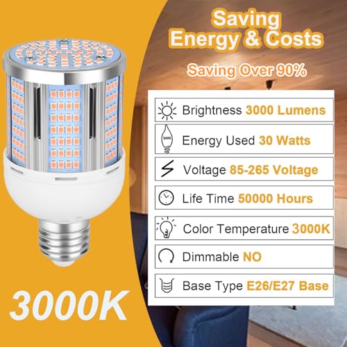 30W LED Corn Light Bulb 3000 Lumen Led Corn Bulb 3000K Warm White E26/E27 Base LED Light Bulb for Home Garage Lighting Garage Backyard Office Household