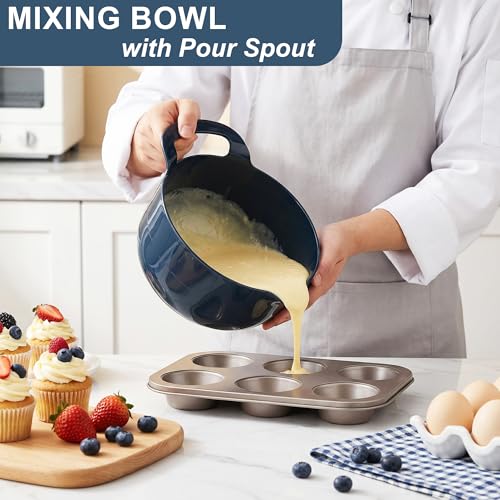 BoxedHome 4 Pack Nesting Mixing Bowls with Pour Spout and Handle, Plastic Large Mixing bowl BPA free Microwave & Dishwasher Safe(Blue, 4 Pack with Handle) - color: Blue
