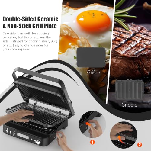CATTLEMAN 5 in 1 Ceramic Panini Press Grill with Removable Plates, 1600W - color: Black with Reversible Plates