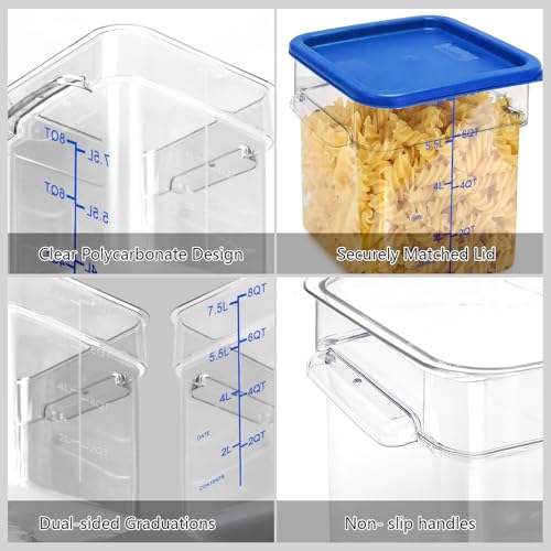 4 Pack Food Storage Containers with Blue Lids, 6.0 Qt - Square, Clear, Polycarbonate, for Restaurant Commercial Kitchen and Home party - color: 6.0 Qt-Blue Lids