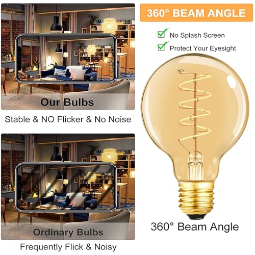 Leools Vintage LED Spiral Filament Bulb G25/G80 Dimmable Flick-Free 6W CRI95 LED Edison Globe Light Bulb E26 Base,Amber Glass,Warm White,2200K, 400LM(40W Equivalent), Pack of 4 - style: G25-4.72in