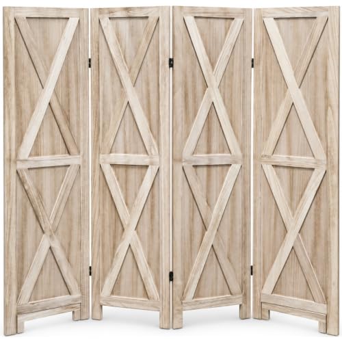 Premium Home 4-Panel Room Divider, Natural Barn Door X-Pattern Screen - color: Natural - X Pattern - 4 Panel